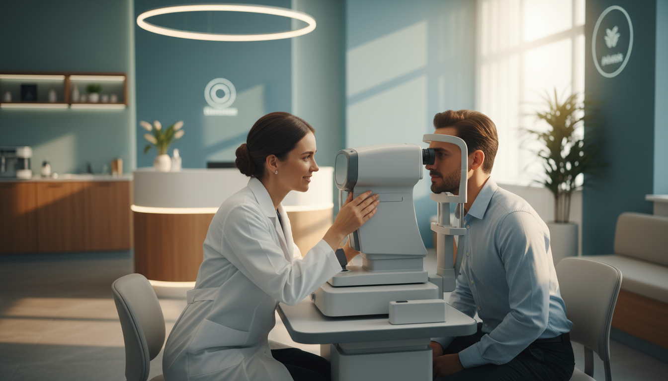 Modern eye care clinic with friendly optometrist and patient
